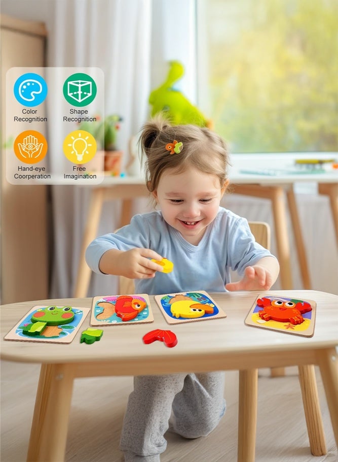 SHABILI Wooden Puzzles for Toddlers Ages 3+, 3D Chunky Animal Puzzle Set with Large Stand-Up Pieces and Smooth Rounded Edges, Montessori Toy for Color & Shape Recognition and Fine Motor Skills, Fish Frog Duck Crab 4 Pack Gifts - Image 2